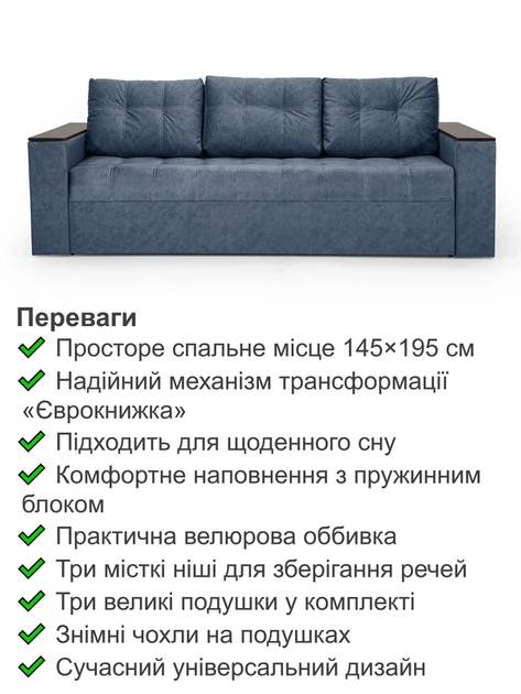 Диван Комфорт 235 × 98 см, велюр, синьо-сірий - зображення 3