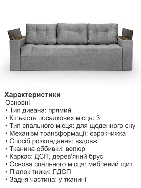 Диван Комфорт 235×98 см, велюр, темно-серый - изображение 5