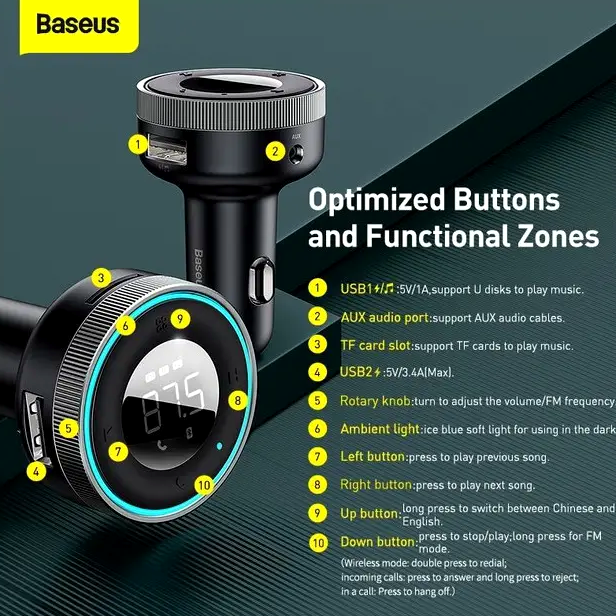 FM-трансмиттер Baseus Enjoy для автомобиля с Bluetooth 5.0 и зарядкой 2 устройств 17 Вт черный - изображение 8