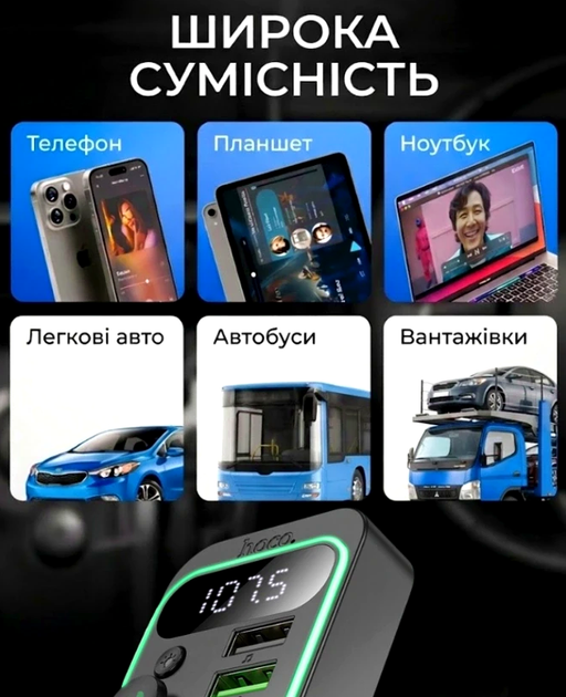 FM-трансмітер Hoco E85 Tiger Bluetooth адаптер для автомобілів зі швидким заряджанням 20 Вт і функцією гучного зв'язку - зображення 7