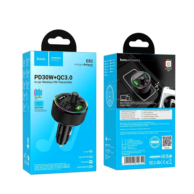 FM-трансмітер Hoco E82 Guerrero Bluetooth для автомобіля зі швидким заряджанням 30 Вт USB Type-C і USB Type-A - зображення 2
