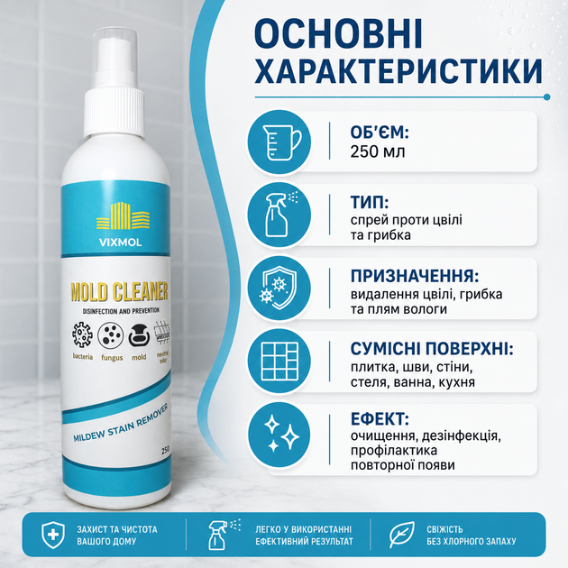 Спрей для защиты от грибка Mold cleaner Vixmol Средство для обработки стен от грибка 250 мл Средство от плесени - изображение 3