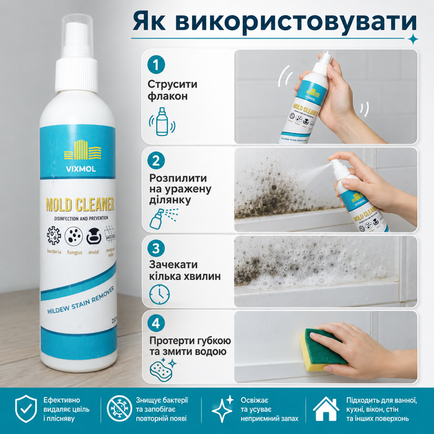 Спрей для защиты от грибка Mold cleaner Vixmol Средство для обработки стен от грибка 250 мл Средство от плесени - изображение 6