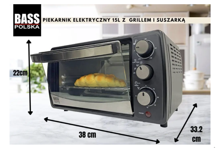 Електрична піч настільна духовка з грилем та сушкою 15 л 1200W Bass Polska BH 10373 - Фото 5 Електрична піч настільна духовка з грилем та сушкою 15 л 1200W Bass Polska BH 10373 - зображення 5