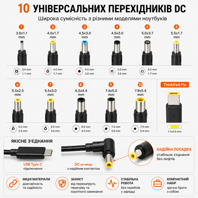 Кабель USB-C DC Power Delivery 100W адаптер для ноутбуків 1.8 м з набором 10 перехідників універсальний (48100PD77) - Фото 3 Кабель USB-C DC Power Delivery 100W адаптер для ноутбуків 1.8 м з набором 10 перехідників універсальний (48100PD77) - зображення 3