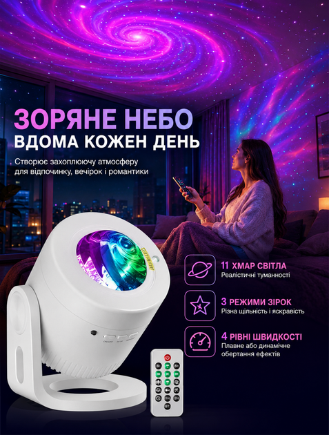 Светильник-проектор звездного неба ночник для детской комнаты с Bluetooth-колонкой эффект северного сияния 33 режима пульт таймер - изображение 2