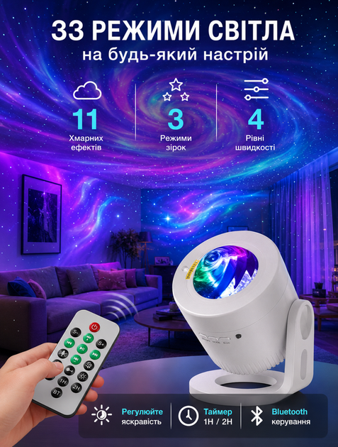 Светильник-проектор звездного неба ночник для детской комнаты с Bluetooth-колонкой эффект северного сияния 33 режима пульт таймер - изображение 3