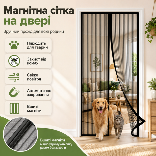 Магнитная москитная сетка на двери с вшитыми магнитами и автоматическим закрыванием 110 x 210 см - изображение 7