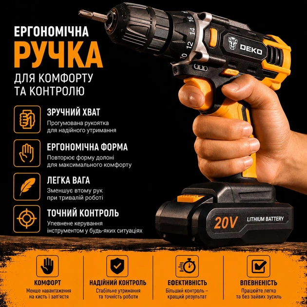 Аккумуляторная дрель-шуруповерт DEKO DKCD20FU-Li (20V, 2.0 А·ч, 42 Н·м) - изображение 9