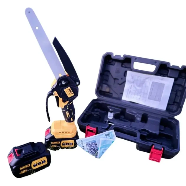 Акумуляторна мініпила DEWALT DCM16 1/4", 200 мм шина, 12 м/сек швидкість ланцюга, 48V/6AH 2 шт. - зображення 4