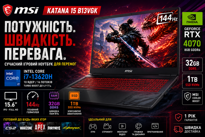 Ноутбук MSI Cyborg 15 B2RWFKG-438XRO, 15.6" Full HD, IPS, 144 Гц, Intel Core 7 240H, 32 ГБ, SSD 1 ТБ, NVIDIA GeForce RTX 5060 8 ГБ / SSD 1TB / Для ігор, дизайну та монтажу - изображение 5