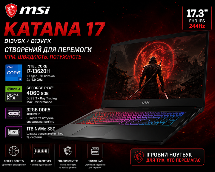 Ігровий ноутбук MSI Katana 17 B13VGK / B13VFK 17.3" 244Hz i7-13620H / RTX 4060 8GB / 32GB DDR5 / SSD 1TB / Gaming Laptop - Фото 2 Ігровий ноутбук MSI Katana 17 B13VGK / B13VFK 17.3" 244Hz i7-13620H / RTX 4060 8GB / 32GB DDR5 / SSD 1TB / Gaming Laptop - изображение 2