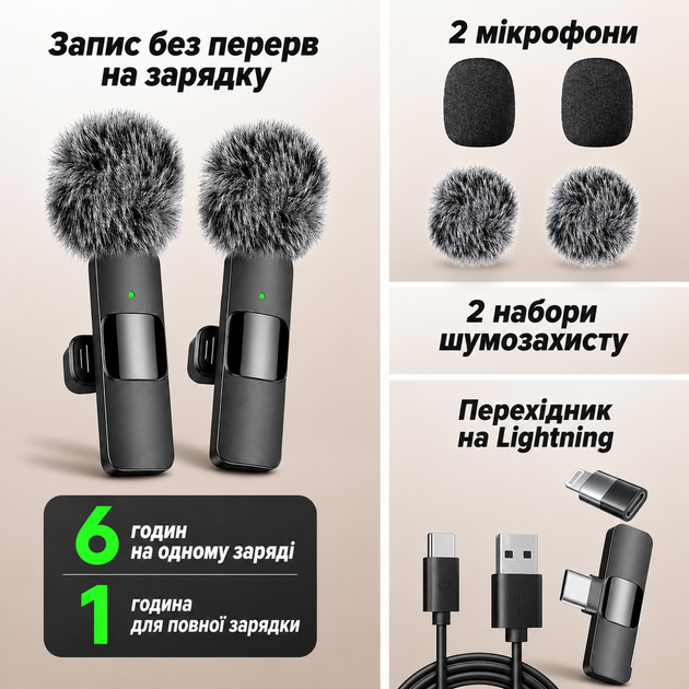 Бездротовий Мікрофон Петличний 2 шт. на одяг Бездротова Петличка для Телефону USB Type-C для запису відео - изображение 2