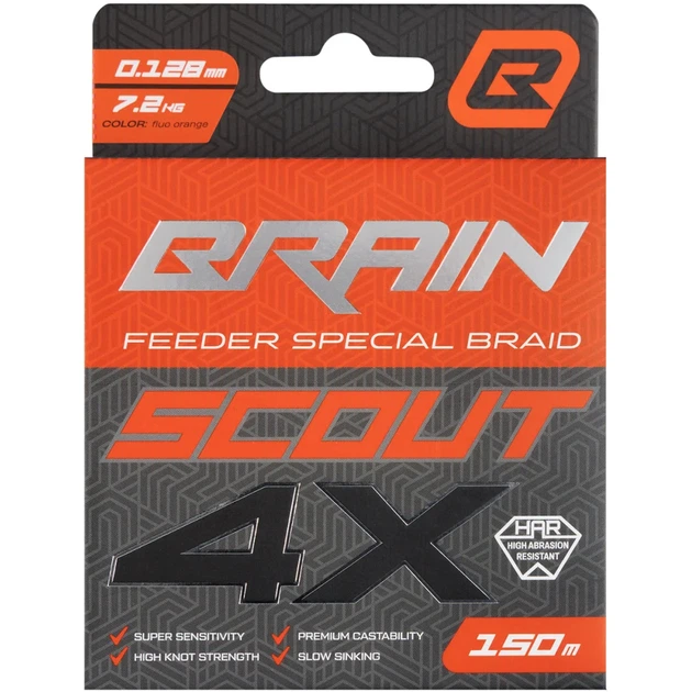 Шнур Brain Scout 4X 150m (fluoro Orange) 0.128mm 7.2kg - Фото 2 Шнур Brain Scout 4X 150m (fluoro Orange) 0.128mm 7.2kg - изображение 2