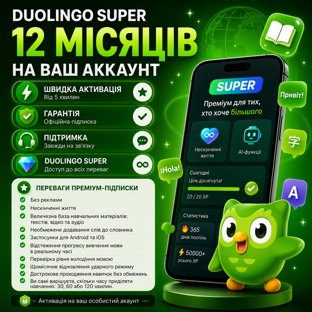 Ключ Duolingo Super на 12 месяцев - Фото 1 Ключ Duolingo Super на 12 месяцев - изображение 1