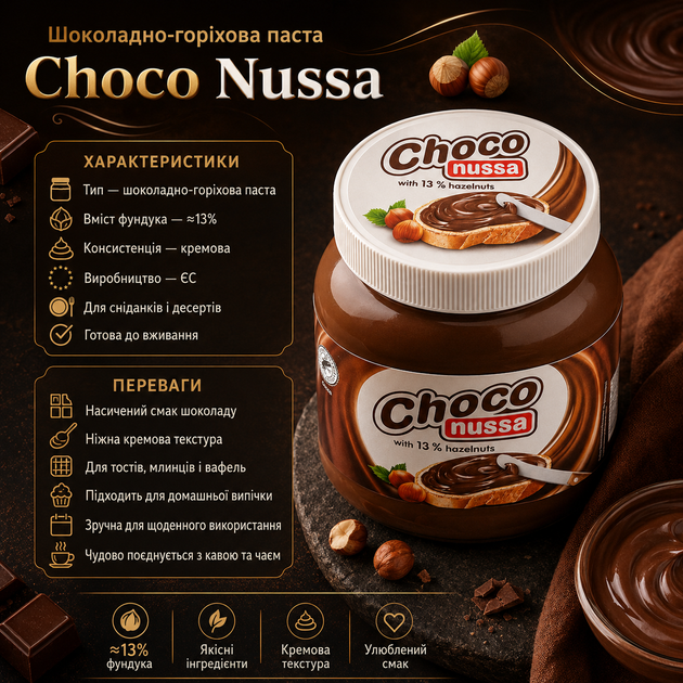 Паста шоколадно-ореховая Choco Nussa с фундуком 750 г кремовая шоколадная намазка для хлеба тостов выпечки и десертов - изображение 3