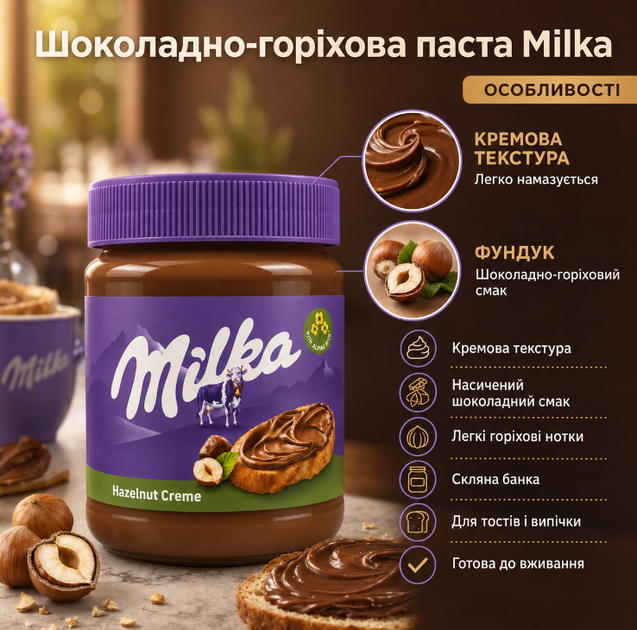 Шоколадно горіхова паста Milka Hazelnut Creme 350 г з фундуком кремова для тостів млинців десертів у скляній банці - зображення 2