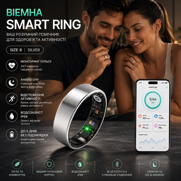 Смарт-кільце BIEMHA Smart Ring Size 9 Silver, iOS Android, IP68, сон, пульс, активність - Фото 1 Смарт-кільце BIEMHA Smart Ring Size 9 Silver, iOS Android, IP68, сон, пульс, активність - зображення 1
