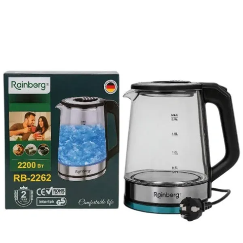 Скляний електрочайник Rainberg RB-2262 з LED підсвічуванням 2 л 2200 Вт Чорний - зображення 2