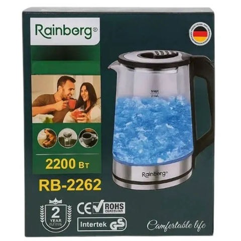 Скляний електрочайник Rainberg RB-2262 з LED підсвічуванням 2 л 2200 Вт Чорний - зображення 4