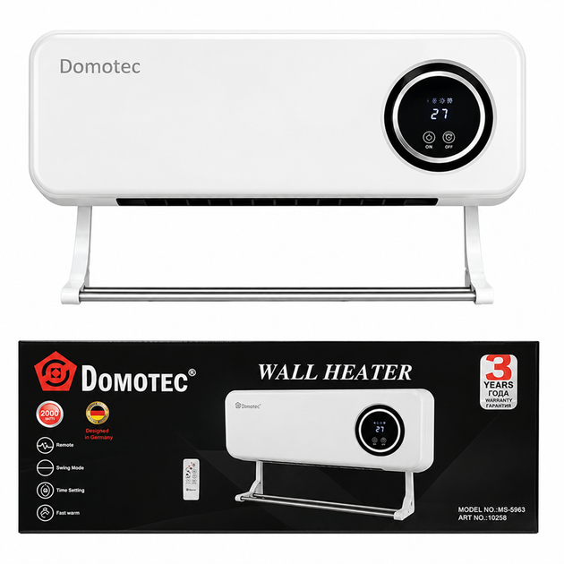 Настенный тепловентилятор DOMOTEC MS-5963 дистанционное управление с сушилкой и пультом 2000Вт Белый - Фото 1 Настенный тепловентилятор DOMOTEC MS-5963 дистанционное управление с сушилкой и пультом 2000Вт Белый - изображение 1