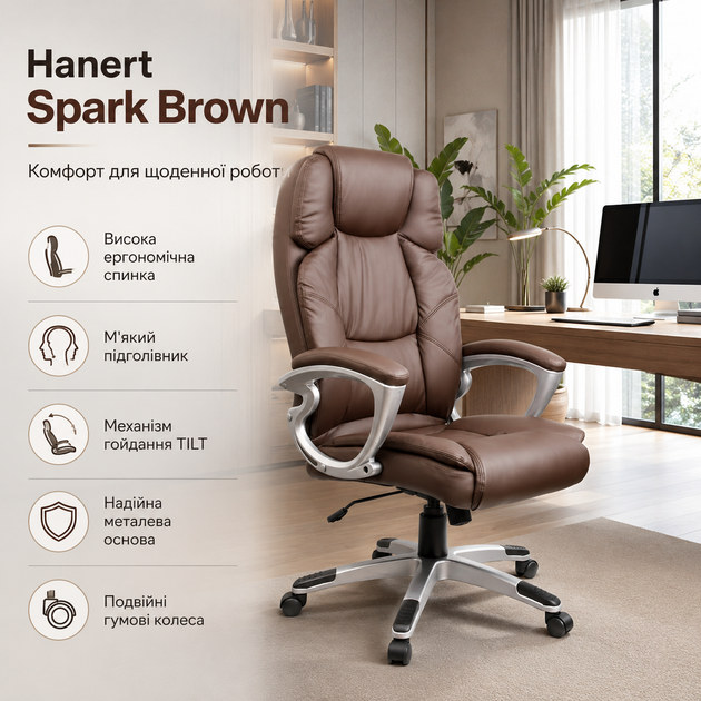 Офисное кресло Hanert Spark Brown для офиса с механизмом TILT высокой спинкой подголовником экокожей и нагрузкой до 120 кг коричневое - Фото 2 Офисное кресло Hanert Spark Brown для офиса с механизмом TILT высокой спинкой подголовником экокожей и нагрузкой до 120 кг коричневое - изображение 2