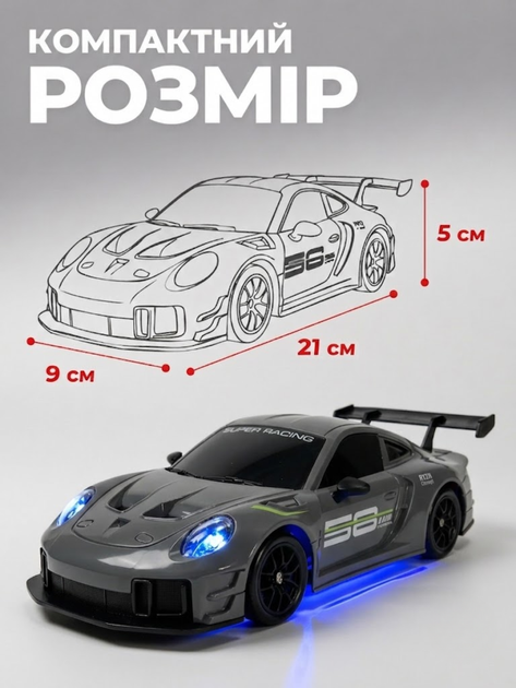 Дрифт машинка на радиоуправлении Porsche 911 GT3 RS Светятся фары 4WD Полный привод На пульте управления Радиоуправляемая Серая - изображение 6