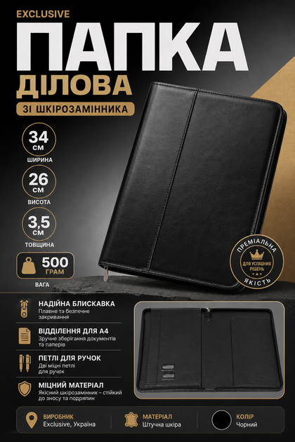 Папка деловая Exclusive из кожзаменителя 34х26х3.5 см Черная - Фото 4 Папка деловая Exclusive из кожзаменителя 34х26х3.5 см Черная - изображение 4
