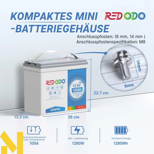 Аккумуляторная батарея Redodo Mini LiFePO4 12.8V 100Ah (YT46092) - Фото 3 Аккумуляторная батарея Redodo Mini LiFePO4 12.8V 100Ah (YT46092) - изображение 3