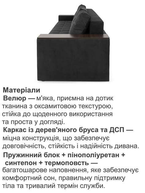 Диван Комфорт 235 × 98 см, велюр, чорний - Фото 3 Диван Комфорт 235 × 98 см, велюр, чорний - зображення 3