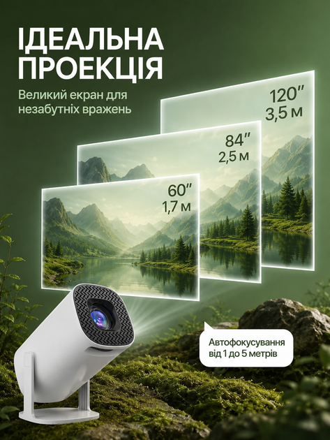 Смарт-проектор Hechpro портативный, Android 11, Wi-Fi 6, Bluetooth 5.0, LED, поддержка 4K, белый - изображение 2