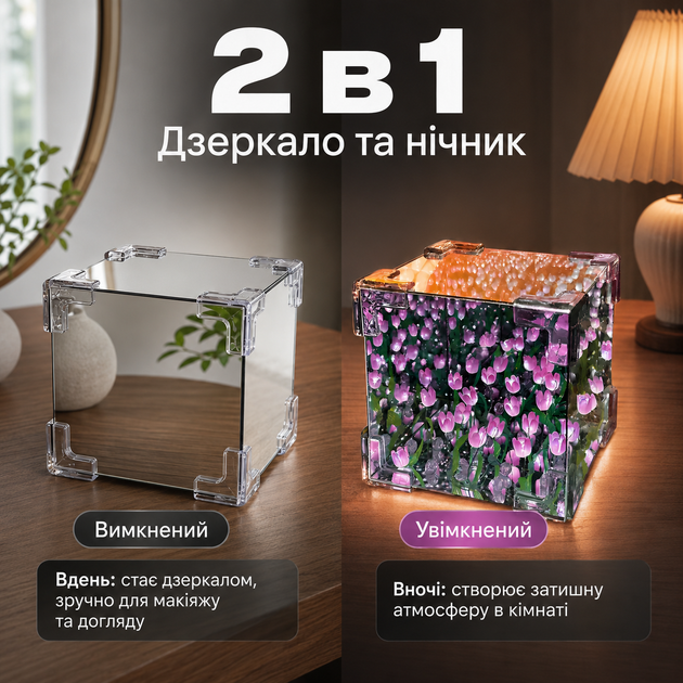 Зеркальный куб-ночник 2в1 Фиолетовые тюльпаны, DIY-набор для творчества и декора - изображение 5