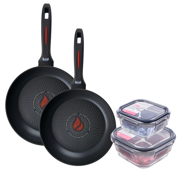 Набір сковорідок Krauff Smart Fry 24 см 26 см та скляні контейнери ArtGlass + ПОДАРУНОК: Скляна кришка - зображення 2