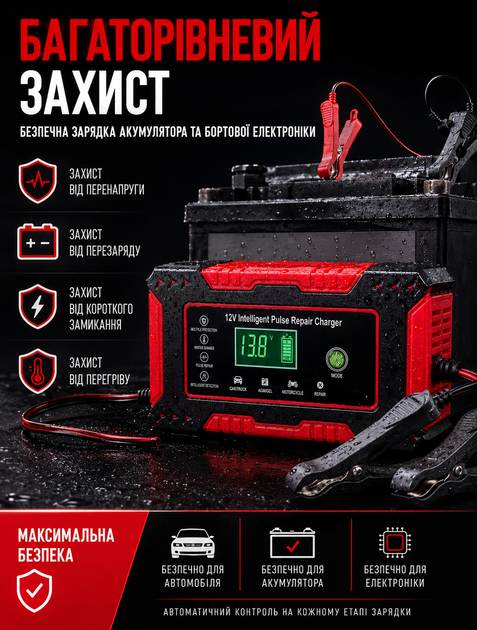 Автомобильное импульсное зарядное устройство для авто 12 В 6 А для свинцово-кислотных аккумуляторов AGM, GEL, EFB, WET 4–100 Ач с активным охлаждением и защитой - изображение 5