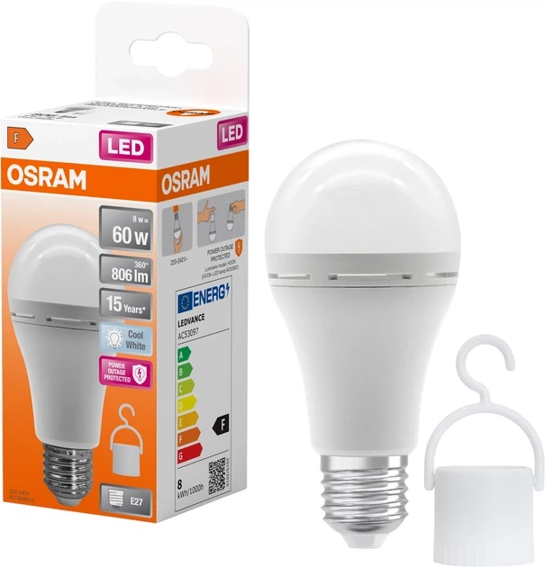 Світлодіодна лампа OSRAM LED E27 8Вт 806Лм 4000К A60 акумуляторна (4099854190131) - Фото 1 Світлодіодна лампа OSRAM LED E27 8Вт 806Лм 4000К A60 акумуляторна (4099854190131) - изображение 1
