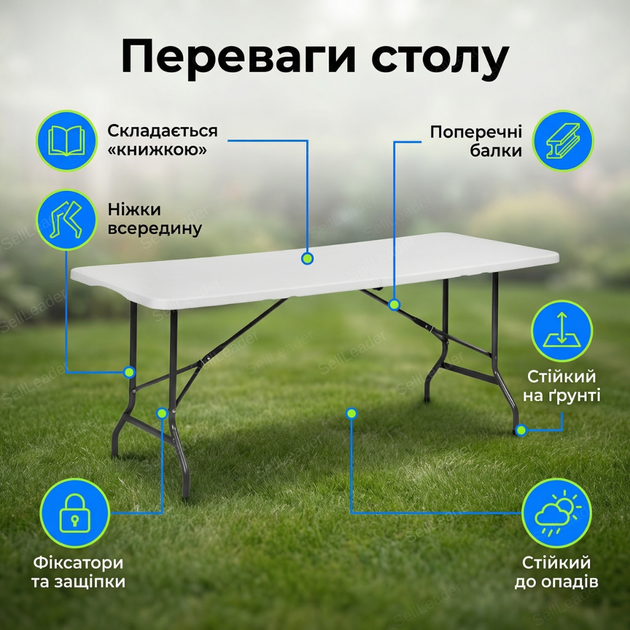 Раскладной стол 180 см для пикника кемпинговый банкетный HDPE столешница 150 кг стальной переносной белый - изображение 2