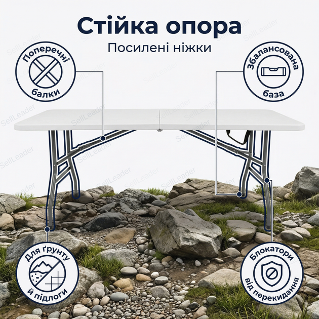 Раскладной стол 180 см для пикника кемпинговый банкетный HDPE столешница 150 кг стальной переносной белый - изображение 6