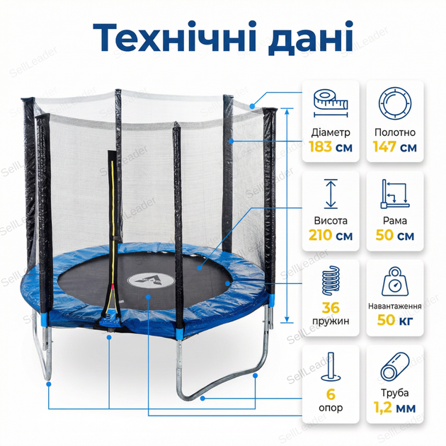 Батут детский Atleto 183см игровой с сеткой тренировочный 36 пружин уличный спортивный для двора дачи до 50кг - изображение 3