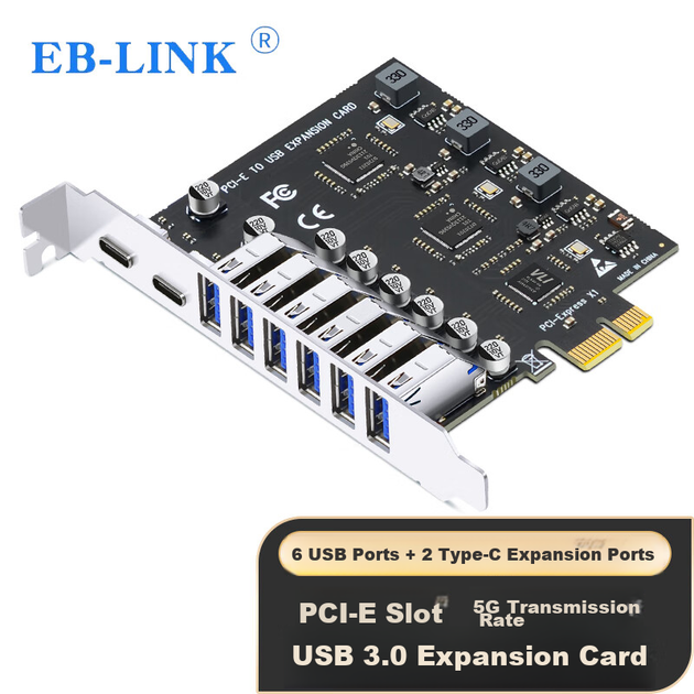 Плата расширения EB-LINK EB-KZMU08 PCIe, 6×USB 3.0 и 2×Type-C, USB 3.2 Gen1, без доп. питания - изображение 4