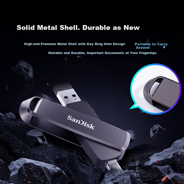 Флешка твердотільна SanDisk DDE1 SDDDE1-512G 512 ГБ, USB 3.2 і Type-C, до 1000 МБ/с, металева - Фото 9 Флешка твердотільна SanDisk DDE1 SDDDE1-512G 512 ГБ, USB 3.2 і Type-C, до 1000 МБ/с, металева - зображення 9