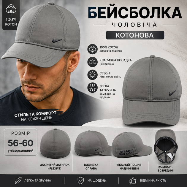 Бейсболка N.K. чоловіча сіра коттонова із закритим затилком FLEX FIT весна-літо тепла осінь розміри 56 58 60 - зображення 6