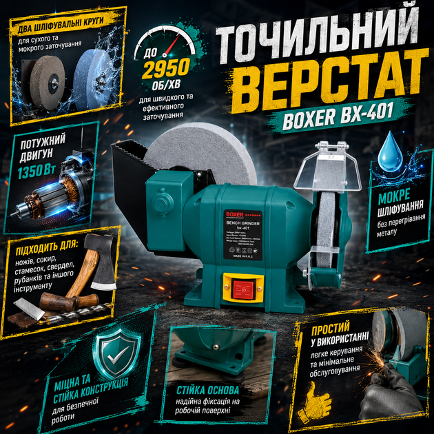 Точильно-шлифовальный станок BOXER BX-401 Двухкруговый электростанок сухой и мокрой заточки - Фото 2 Точильно-шлифовальный станок BOXER BX-401 Двухкруговый электростанок сухой и мокрой заточки - изображение 2