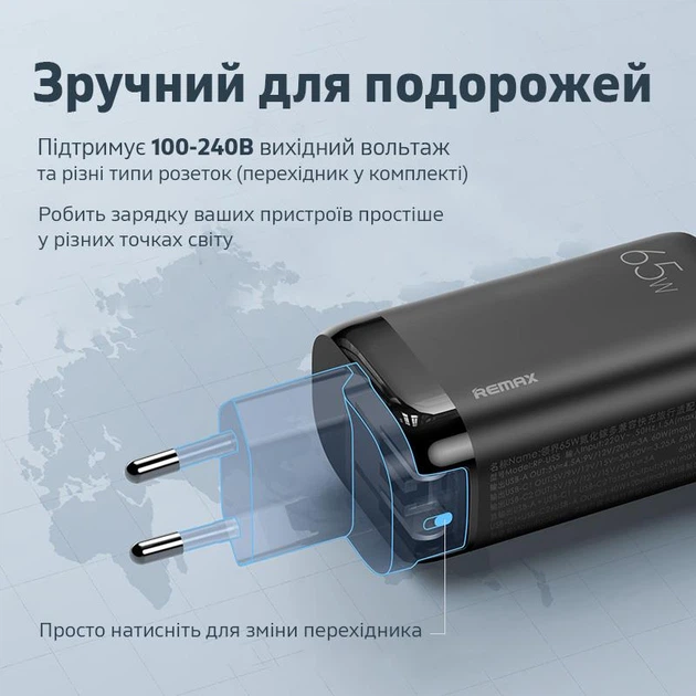 Сетевое зарядное устройство Remax RPU55 Ligil Series 65W PD + QC Fast Charger White - Фото 4 Сетевое зарядное устройство Remax RPU55 Ligil Series 65W PD + QC Fast Charger White - изображение 4
