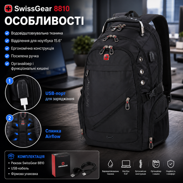 Рюкзак для ноутбука SwissGear 8810 міський 35 л з ортопедичною спинкою USB портом водовідштовхувальною тканиною чорний - Фото 3 Рюкзак для ноутбука SwissGear 8810 міський 35 л з ортопедичною спинкою USB портом водовідштовхувальною тканиною чорний - зображення 3