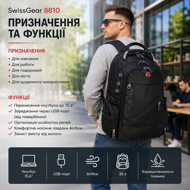 Рюкзак для ноутбука SwissGear 8810 міський 35 л з ортопедичною спинкою USB портом водовідштовхувальною тканиною чорний - Фото 2 Рюкзак для ноутбука SwissGear 8810 міський 35 л з ортопедичною спинкою USB портом водовідштовхувальною тканиною чорний - зображення 2