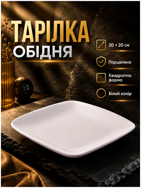 Тарелка обеденная квадратная 20 см фарфор для кухни белая HM-0751 - изображение 2