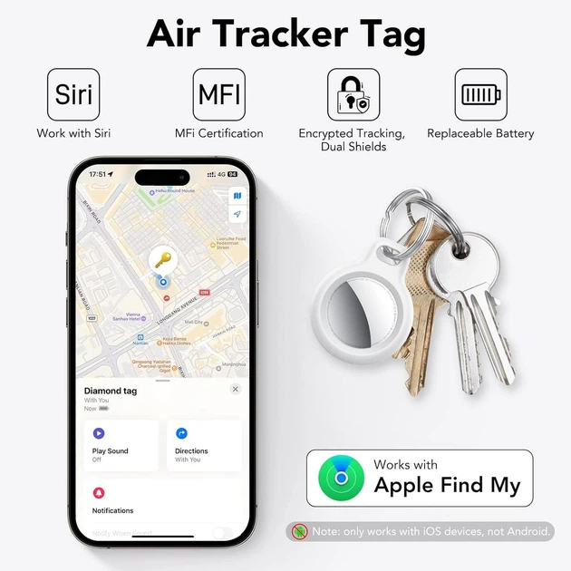 Набор 2 Bluetooth-трекеры QCOQ для Apple Find My iOS, ключей, багажа, кошелька, IP67, 100 дБ, CR2032, с чехлами - изображение 4