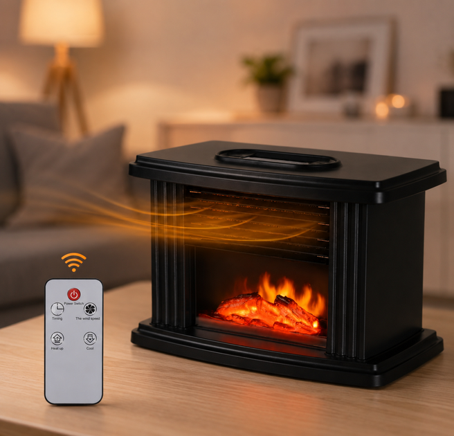 Тепловентилятор Flame Heater портативний керамічний 1000 Вт з ефектом 3D полумя дистанційним керуванням таймером та термостатом чорний - зображення 7