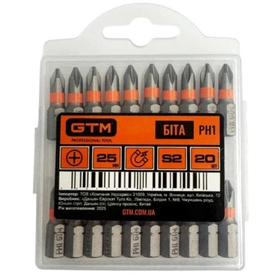 Набор бит GTM PH1, 25мм, 20шт. (SB-H1-25K) - Фото 1 Набор бит GTM PH1, 25мм, 20шт. (SB-H1-25K) - изображение 1