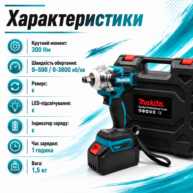 Аккумуляторный гайковерт Makita бесщеточный с крутящим моментом 300 Нм, двумя аккумуляторами 48 В 6.0 Ah, LED-подсветкой, реверсом, индикатором заряда, набором насадок и кейсом для ремонта автомобилей, строительных и монтажных работ - изображение 5